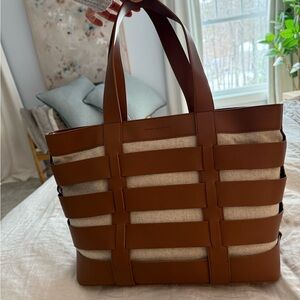 NWT FRENCH CONNECTION Eden Caged Leather Tote Bag Cognac Large East West